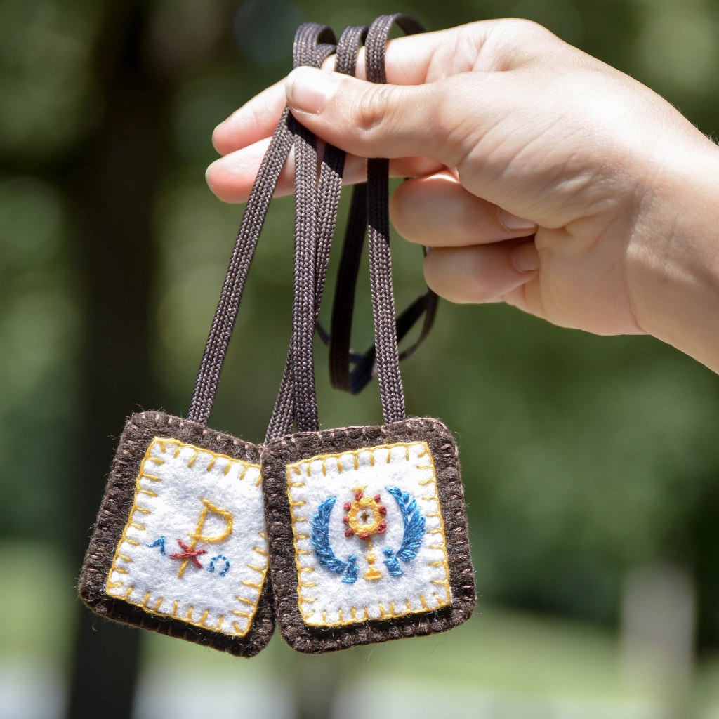 Brown Scapular embroidered with Chi Rho, Monstrance, and Adoring Angels