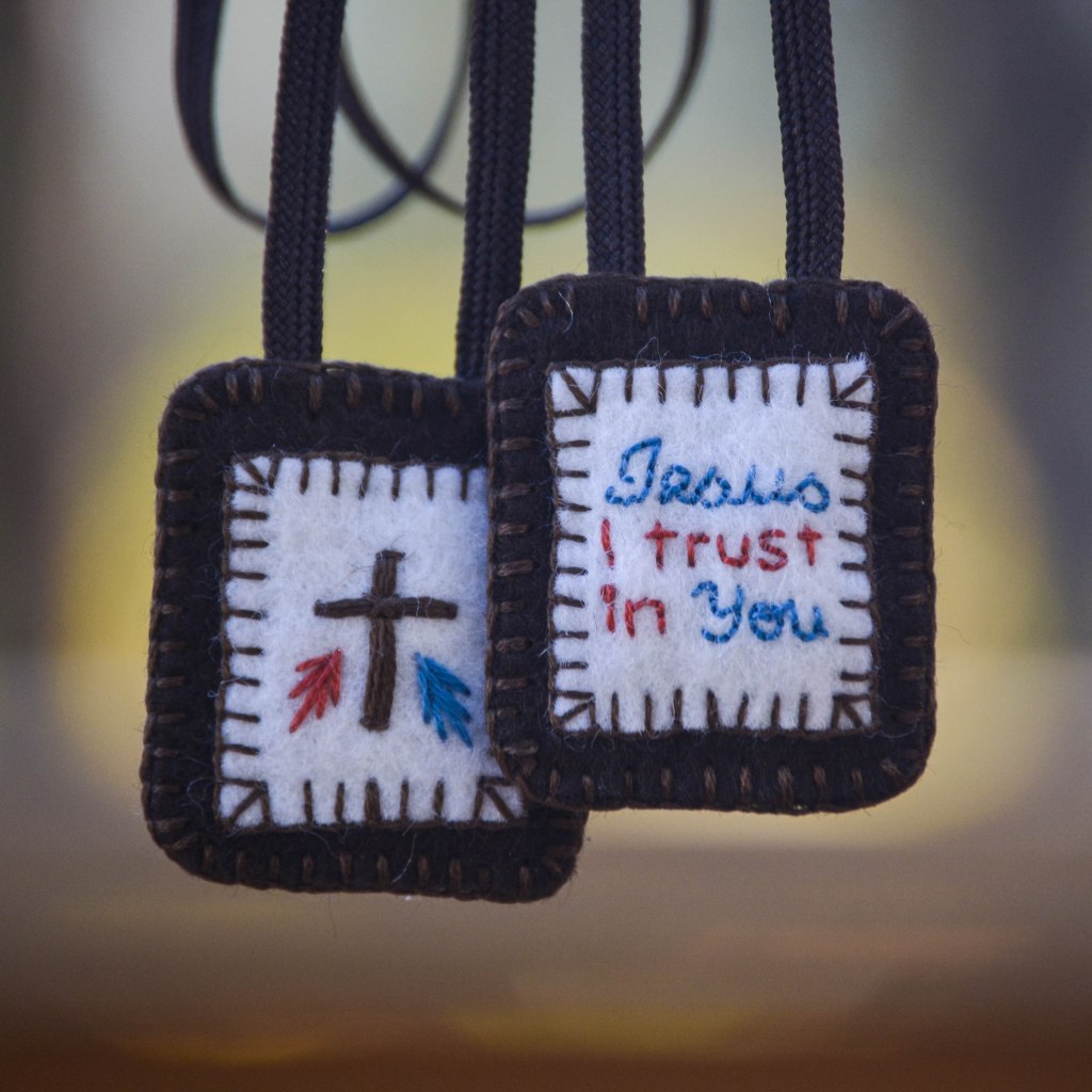 Brown Scapular embroidered with cross, Divine Mercy Rays, and Jesus I trust in You